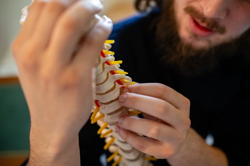 Gros plan sur les mains désignant les vertèbres cervicales d'un modèle anatomique